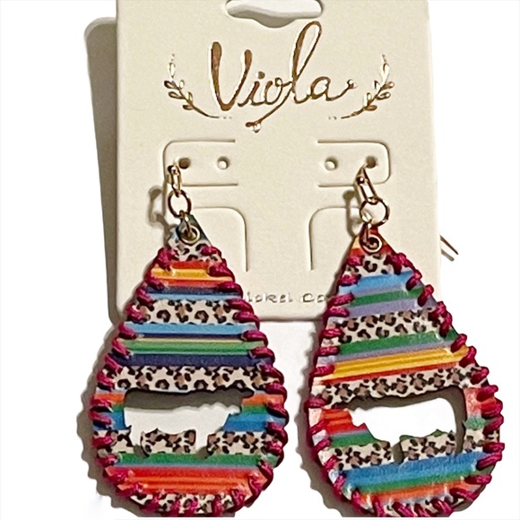 Western Cow Cutout Serape Leopard Stripe Earrings - Picture 2 of 5